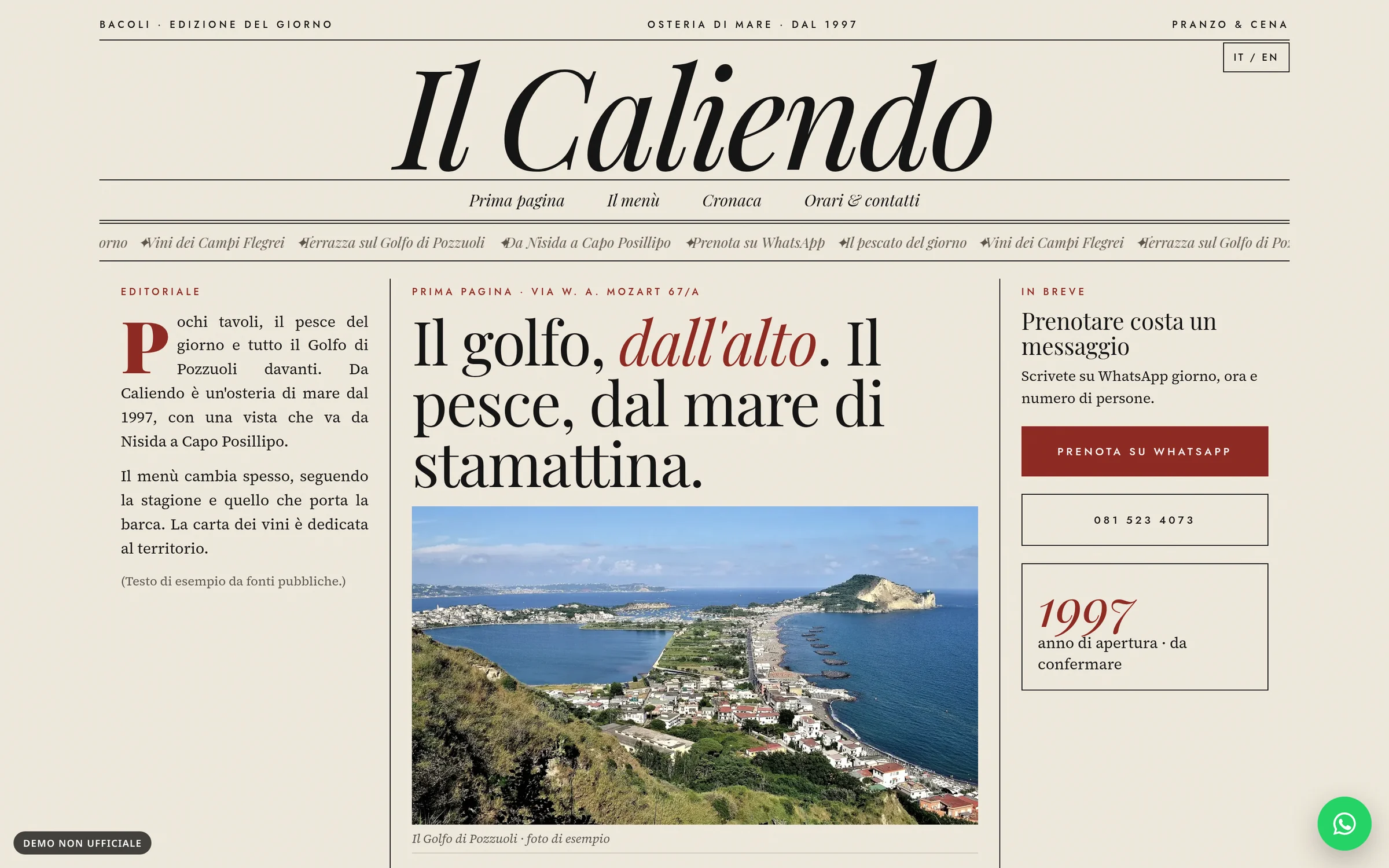 Anteprima desktop del concept per Osteria da Caliendo